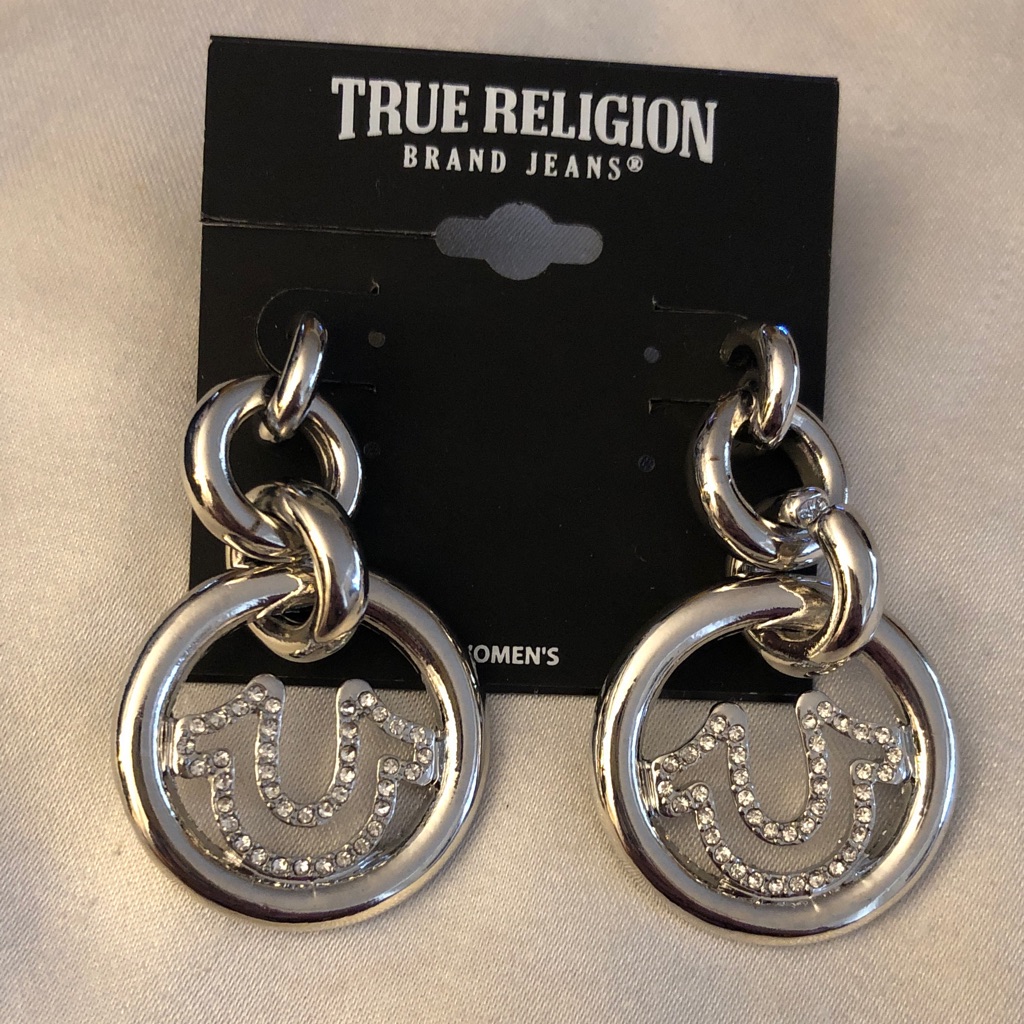 True Religion Polished Silver Tone Triple Drop Earrings Crystal Horseshoe Nwt